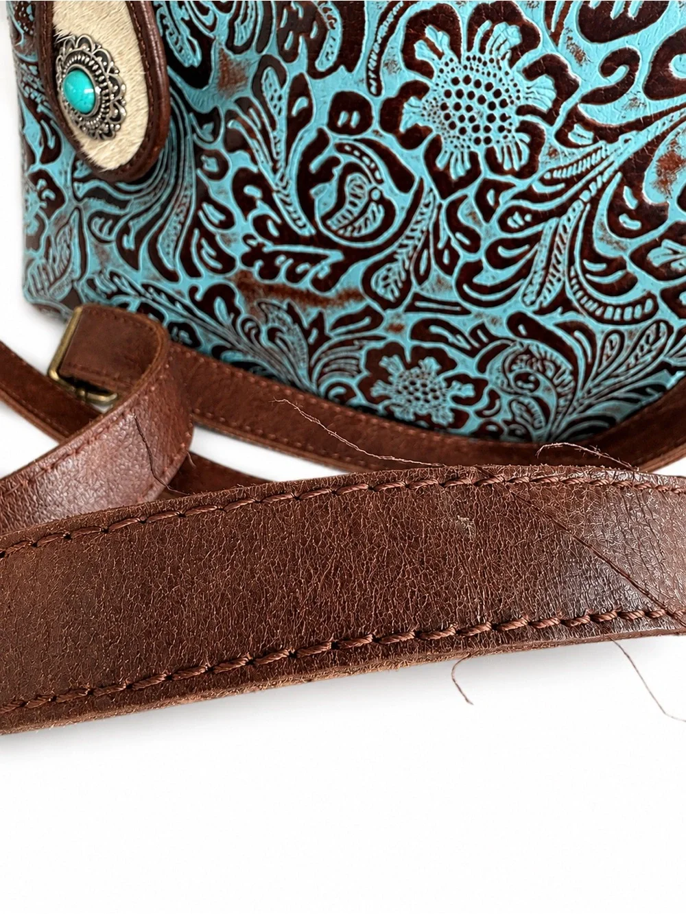Womens Turquoise Tooled Leather Crossbody Bag with Brown Trim